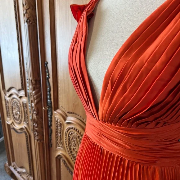 NWT Mac Duggal 26729 [12] Pleated Ruffled Cap Sleeve Cut Out Lace Up Gown Orange - Picture 6 of 12